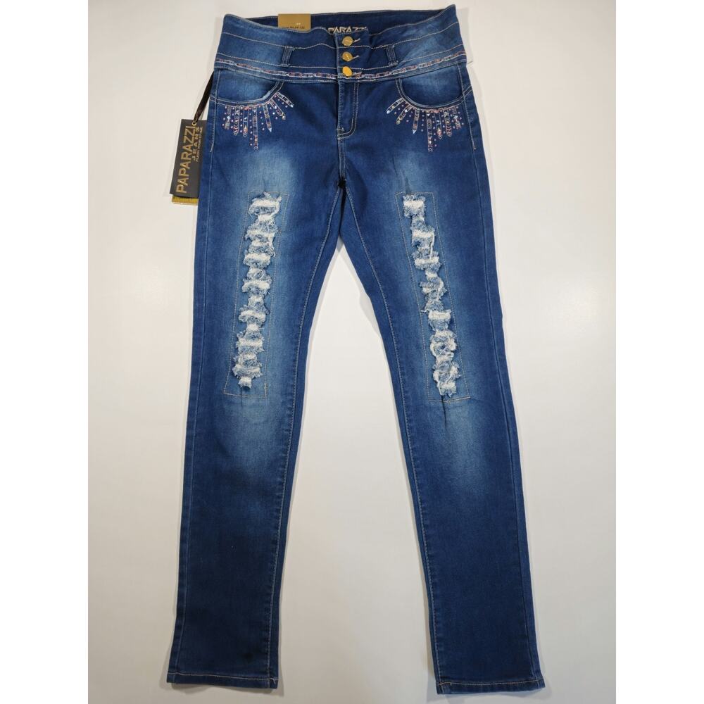 NWT Paparazzi Women's Jeans Size J11 High Rise Skinny Dark Wash Distressed Bling